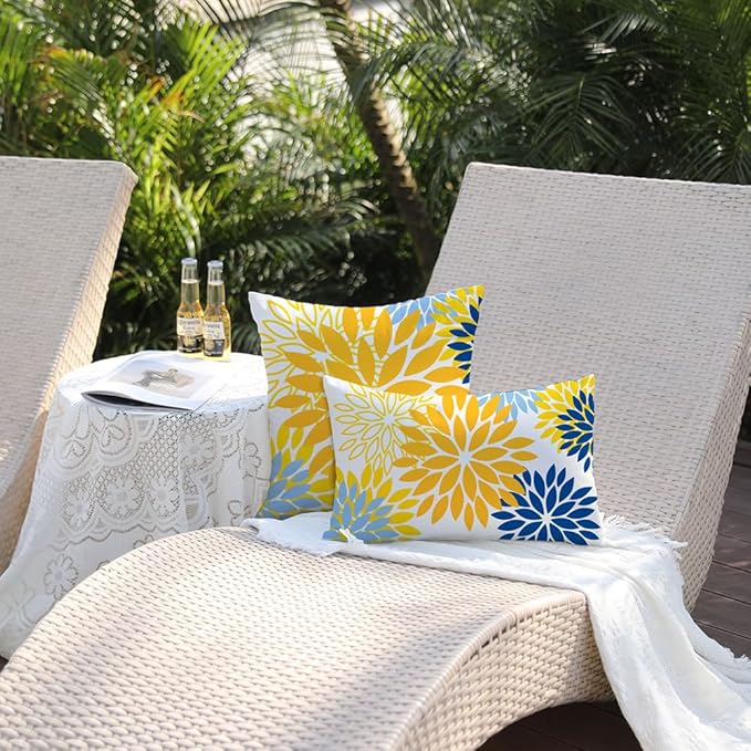 DFXSZ Yellow Blue Flower Pillow Covers 12x20 Inch Set of 2 Outdoor Throw Pillows Outdoor Waterproof Decor for Living Room Sofa Patio Funiture Garden Floral Polyester Pillow Covers 002J12