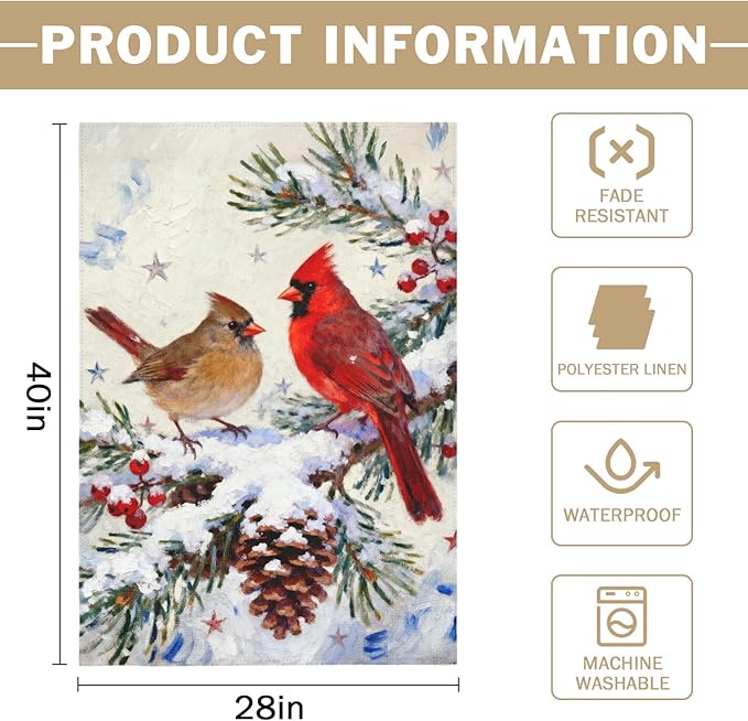 Winter Cardinal House Flag 28x40 Inch Pinecone Twigs Holly Berry Christmas Holiday Decorative Garden Flags for Outside Double Sided Seasonal Outdoor Home Farmhouse Decoration Porch Yard January Decor