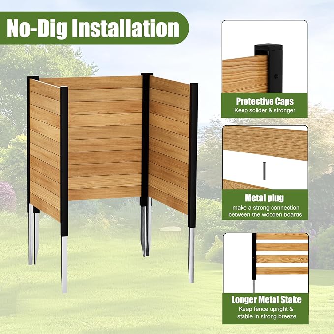 Outdoor Privacy Fence 3P-38''W x 42''H Wood Fence Privacy Screen No Dig Fence Panels, Fencing for Garden Patio Pool Equipment Enclosure Trash Bin Air Conditioner, Privacy Fence Panels Horizontal,Black