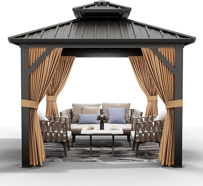 10'x10' Hardtop Gazebo, Heavy Duty Aluminum Permanent Hardtop Gazebo Outdoor Pavilion with Curtains and Netting for Garden
