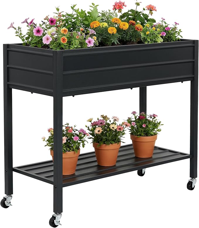 32" Tall Galvanized Raised Garden Bed with Legs Wheels & Shelf, Elevated Planter Box Outdoor for Vegetables, Herbs & Flowers, Patio & Backyard, Garden Bed with 400lb Capacity,Black