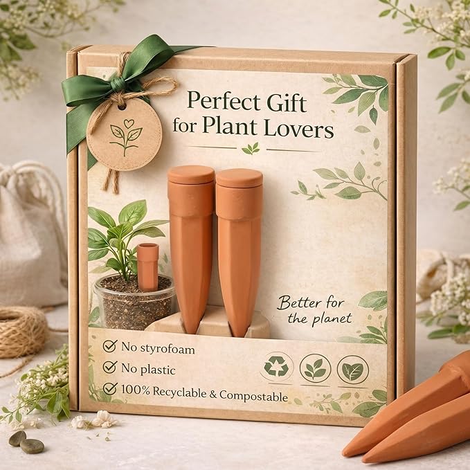 Honeydak 6pcs Large Terracotta Watering Spikes with Lids 7'' Automatic Plant Waterer Self Watering Stake Planter Insert Slow Release Device for Bottles 8-12'' Pot Plants Indoor Outdoor Garden Vacation