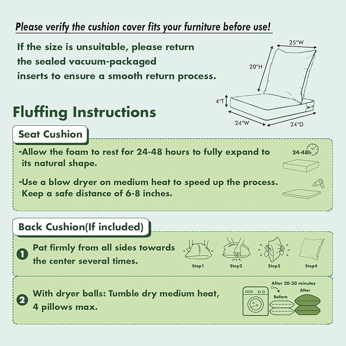 MIULEE Beige Outdoor Seat Cushion 24x24 Inch Waterproof & 3 Year Fade Resistant Deep Seat and Back Cushion for Patio Furniture Chair Sofa Couch with Handle and Adjustable Straps