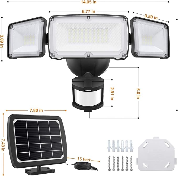 LEPOWER 1600LM LED Solar Security Lights Motion Outdoor, 5500K White Light, IP65 Waterproof Outside Flood Solar Light for Yard, Garage(Black)