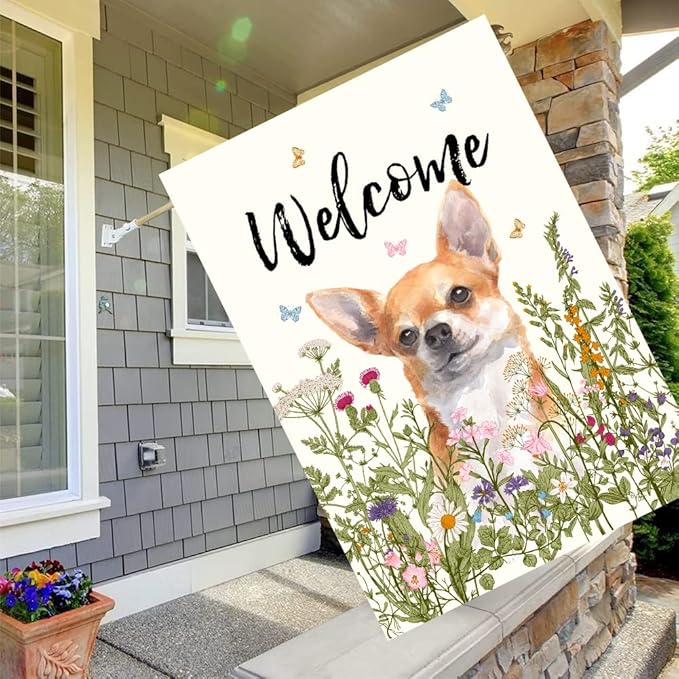 Floral Chihuahua Garden Flag Spring Summer House Flags 28 x 40 Double Sided Flower Dog Yard Flags for Outside Large Outdoor Welcome Flags