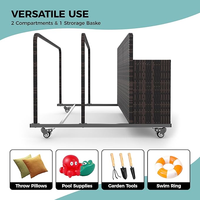 Pool Float Storage Organizer with Rolling Wheels, Outdoor Wicker Rattan Pool Caddy & Toy Storage Basket, All-Weather PE Rattan Holder for Pool Noodles, Life Vests, Beach Balls, Equipment, Patio Deck