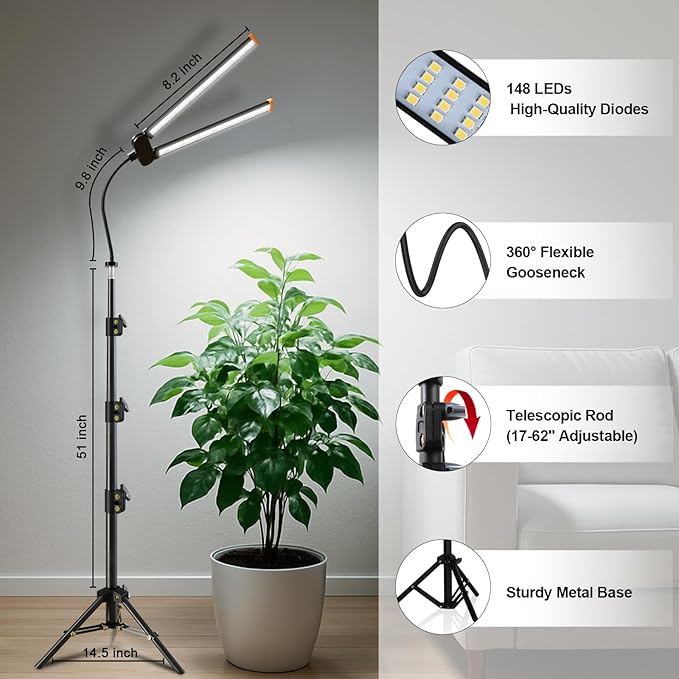 Grow Light with Stand, Super Bright 6000K White Full Spectrum Floor Plant Growing Lamp with Rotatable Light Head & Height Adjustable 17-62" for Indoor Large Tall Plants, Dimmable & Auto Timer 4/8/12H