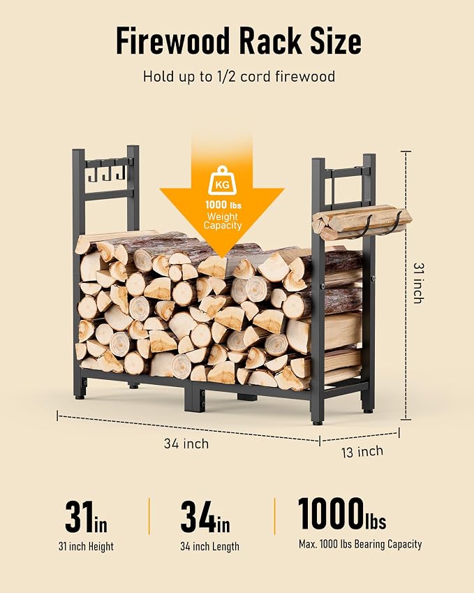 Brightown Firewood Rack Outdoor with Log Carrier, 34 inch Indoor Wood Rack for Firewood,Fire Wood Holder Outside, Adjustable Heavy Duty Logs Stand Stacker Holder for Fireplace Patio Deck,Black