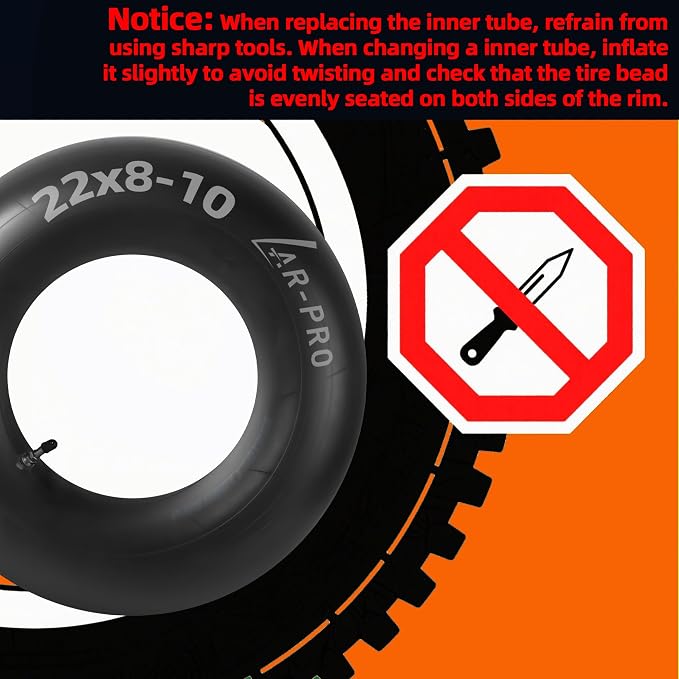 AR-PRO Relacement 22x8-10, 22x9-10 Inner Tubes for ATV, Lawn Tractor, Mowers, Golf Cart, Snow Blowers, and More - with TR6 Straight Metal Valve Stems - Made from Durable Butyl Rubber (2-Pack)