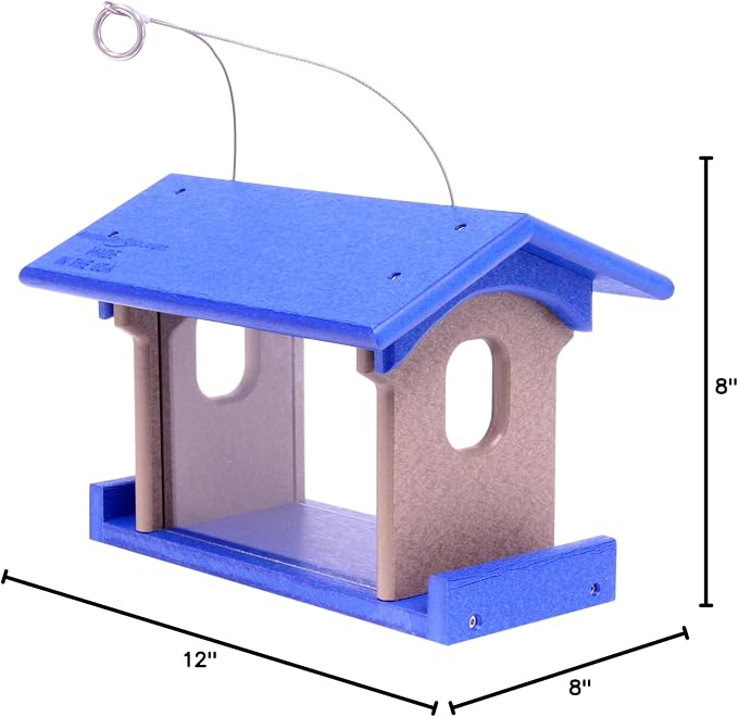 Bluebird Feeder - Poly Lumber - Hanging Blue Bird Feeder for Mealworms (Blue and Weathered Wood)