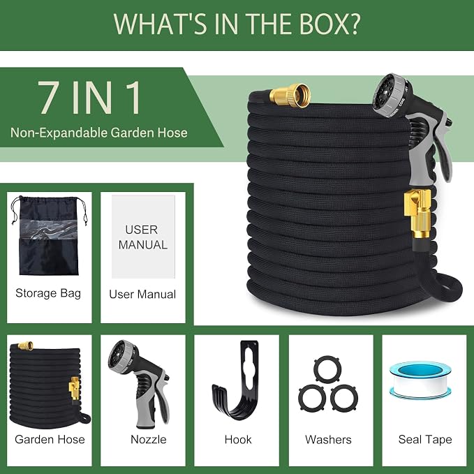 Garden Hose Non-Expandable 25 ft, Lightweight Flexible Water Hose with 10 Function Spray Nozzle, Outdoor Leak Proof, Kink-Free, Portable Hose for Yard, Lawn, Camper, High-Density Fabric, Black Grey