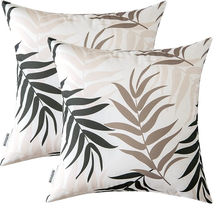 MIULEE Pack of 2 Decorative Outdoor Waterproof Throw Pillow Covers Patio Pillow Cases Natural Leaves Pattern Spring Square Cushion Shams Shell for Garden Balcony Couch 20x20 Inch, Coffee Brown
