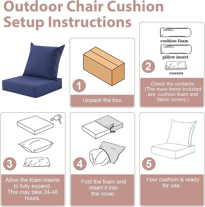Outdoor Deep Seat Cushion Set, 24x24 Inch Water-Resistant & Fade-Resistant Outdoor Chair Cushions, Patio Furniture Cushions with Removable Cover for Patio Chair, Sofa,Navy Blue (Set of 2)