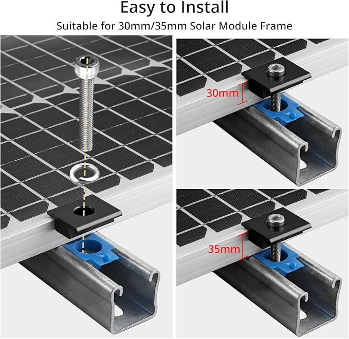 Anbte 10pcs Solar Panels Mid Clamps for Unistrut, Aluminium Solar Panel Brackets 30mm/35mm, Mounting Kit for Metal Roof, Tin Roof, Flat Roof, Sheet Roof, Black