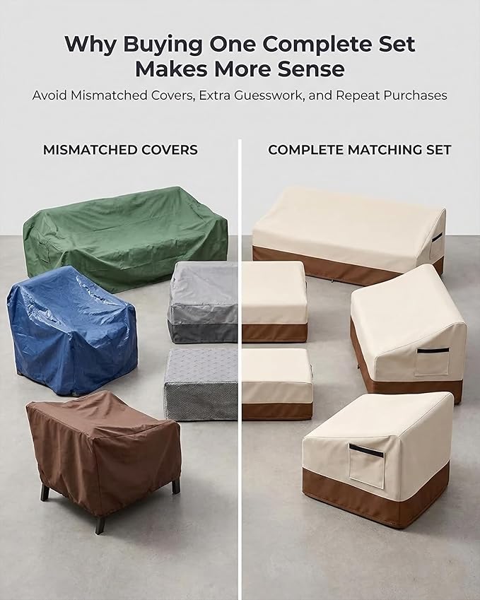 5 Piece Patio Furniture Cover Set, Waterproof Outdoor Furniture Covers for 3-Seater Sofa, Loveseat, Chairs & Coffee Table, Heavy Duty 600D Lawn Patio Set Covers, UV-Resistant All-Season, Beige&Brown