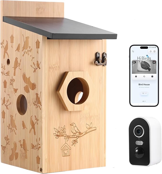 Smart Bird House with Camera – Bamboo Carving, AI Bird Recognition,IP66 Waterproof, Two-Way Audio, App Control,4MP Full-Color Night Vision,Solar-Powered,Cloud & SD Storage (Solar Birdhouse)