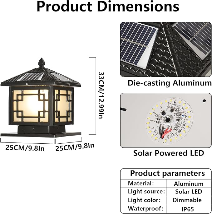 SLAWA 9.8In Solar Lighting Lantern Outdoor Post Caps Light with Solar Powered LED Column Lamp Black Square Waterproof Pillar Lamp Outside Housing Landscape Lighting Fence Deck Mailbox Pedestal Lantern