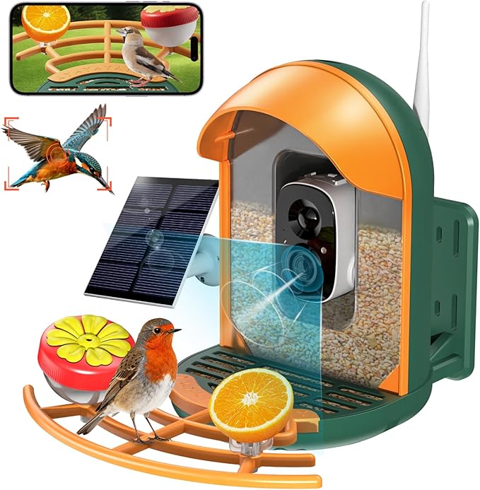 Smart Bird Feeder with Camera, Solar Powered Wireless Birds 2K HD Camera with APP Control, Night Vision, Motion Detection Alerts, IP66 Outdoor Birdfeeder for Backyard Garden Bird Watching, Green