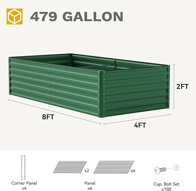 DWVO 8 x 4 x 2 FT Raised Garden Bed Kit, Outdoor Galvanized Flower Bed with Safety Rubberg and Gloves, Large Metal Planter Box for Vegetables, Flowers, Herbs, Fruits, Green