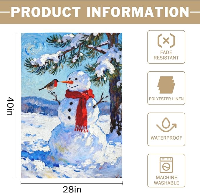 Winter Snowman House Flag 28x40 Inch Winter Snow Scene Cardinal Tree Holiday Decorative Garden Flags for Outside Double Sided Seasonal Outdoor Home Farmhouse Decoration Yard Porch Decor