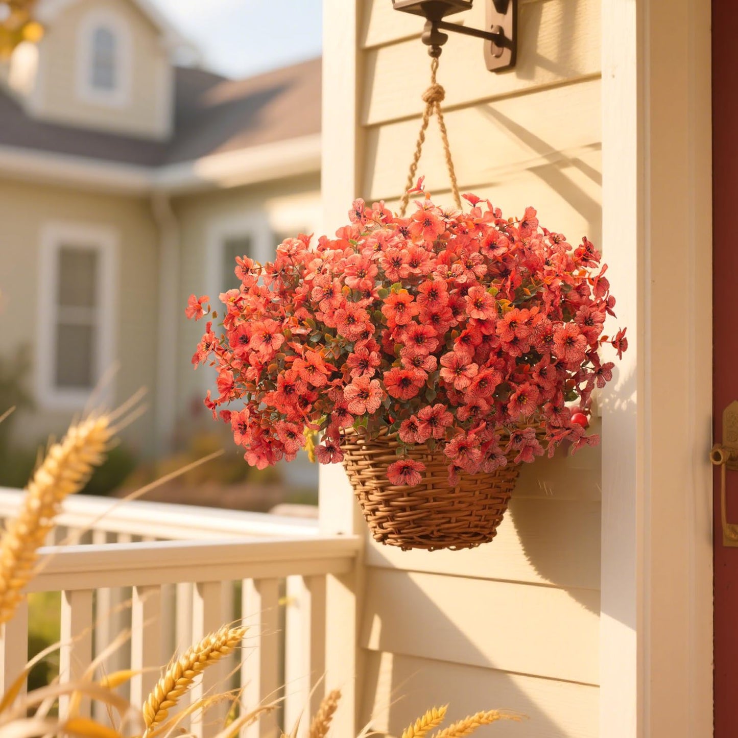 Fall Outdoor Artificial Flowers 16 Bundles - UV Resistant Faux Daisy with Eucalyptus Leaves, Weatherproof Fake Plants for Porch, Patio, Garden Decor, Indoor Outdoor Decor (Fall Orange Red)