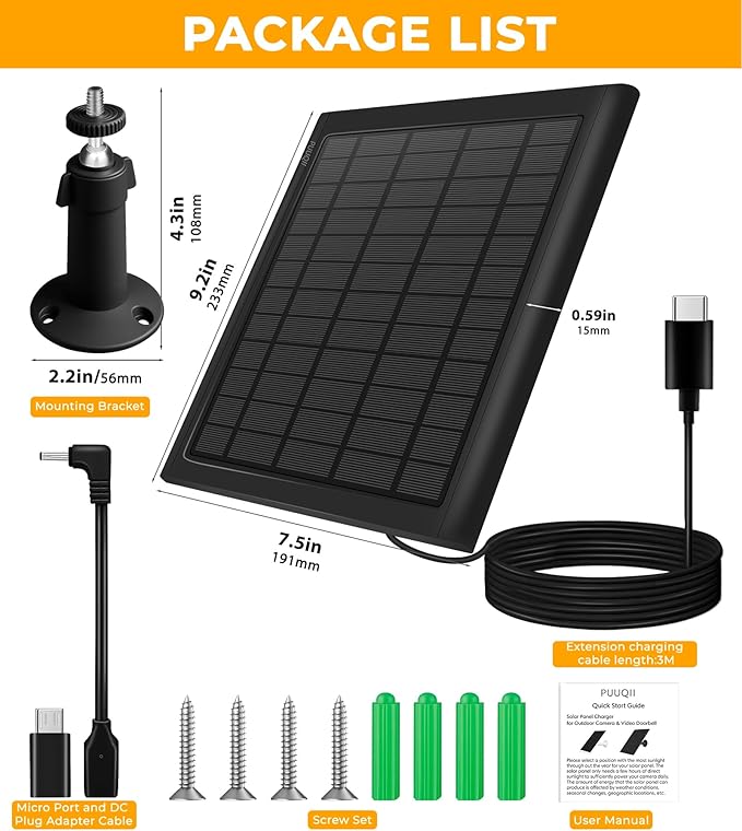 8W Solar Panel for Ring Camera, 2-Pack Solar Panel Charger Compatible with Ring Stick Up Cam Battery, Spotlight Cam Battery, Includes Barrel Plug to USB-C Adapter, IP65 Waterproof, 10ft Cable
