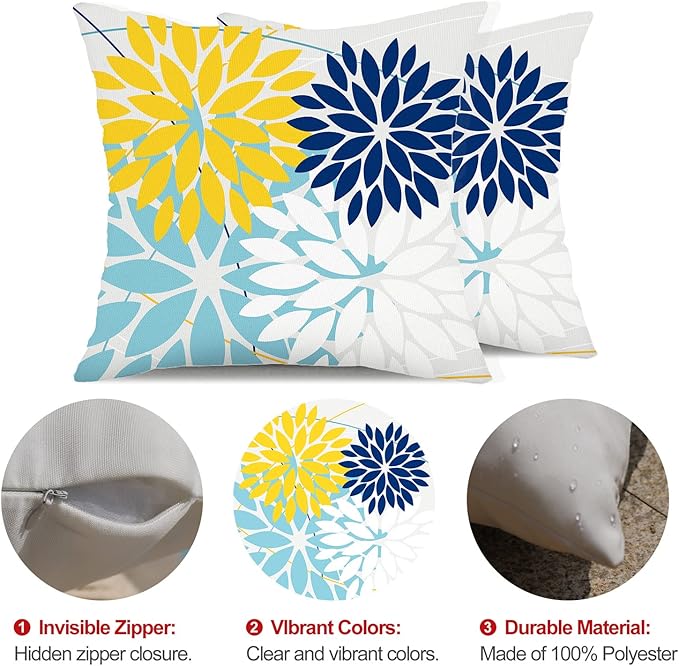 DFXSZ Outdoor Throw Pillow Covers 16x16 Inch Set of 2 Waterproof Spring Summer Geometric Elegant Yellow Blue Outdoor Pillow Covers for Patio Funiture Garden Couch 158W16