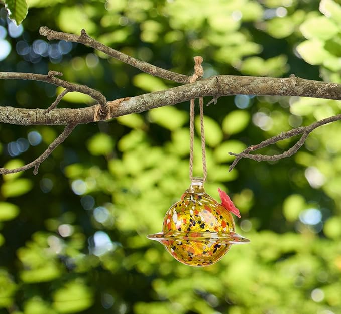 Red Carpet Studios Hummingbird Feeder Hand-Blown Art Glass Hanging Birdfeeder with Red Flower Feeding Port, Yellow Planet