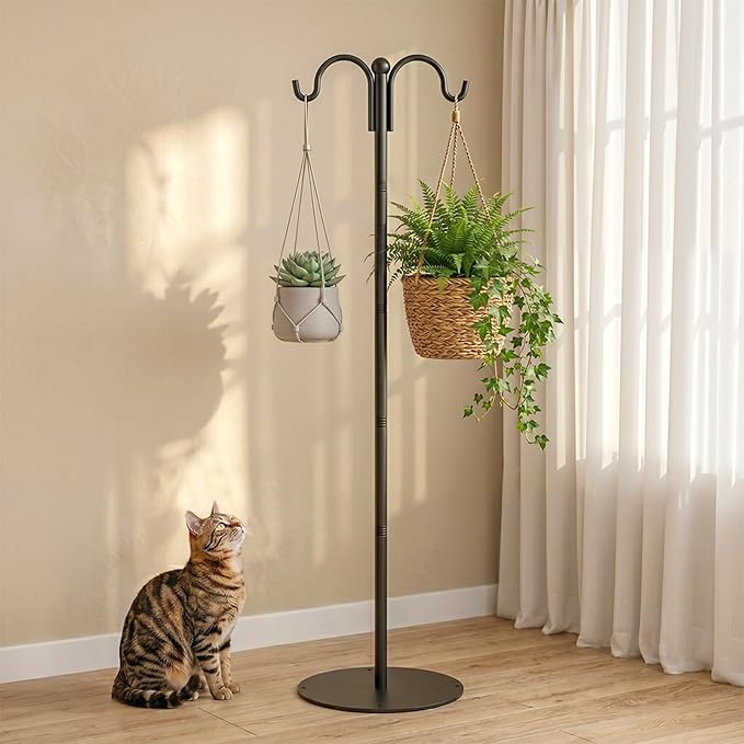 74 Inch Double Shepherds Hooks for Outdoor Bird Feeder Pole, Plant Hangers Balcony, Heavy Duty Garden Hooks Stand for Hanging Basket, Wind Chime, Hummingbird Feeder, 4 Ground Stakes Included