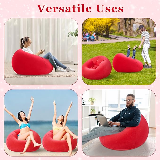 Realspring Inflatable Bean Bag Chairs Outdoor Blow up Camping Chairs Inflatable Lazy Sofa Folding Portable Bean Bag Loungers Couch for Movie Night (Red,2 Pcs)