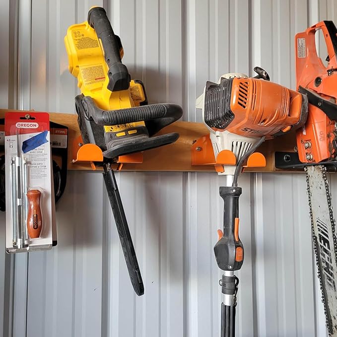 Upgraded Trimmer Rack Wall Mount - 8" Heavy Duty Weed Eater Hanger for Garage Wall, Garden Power Tool Holder Organizer Hooks for Grass Trimmer, Hedge Trimmer, Leaf Blower and Chainsaw, Orange, 4 Pack