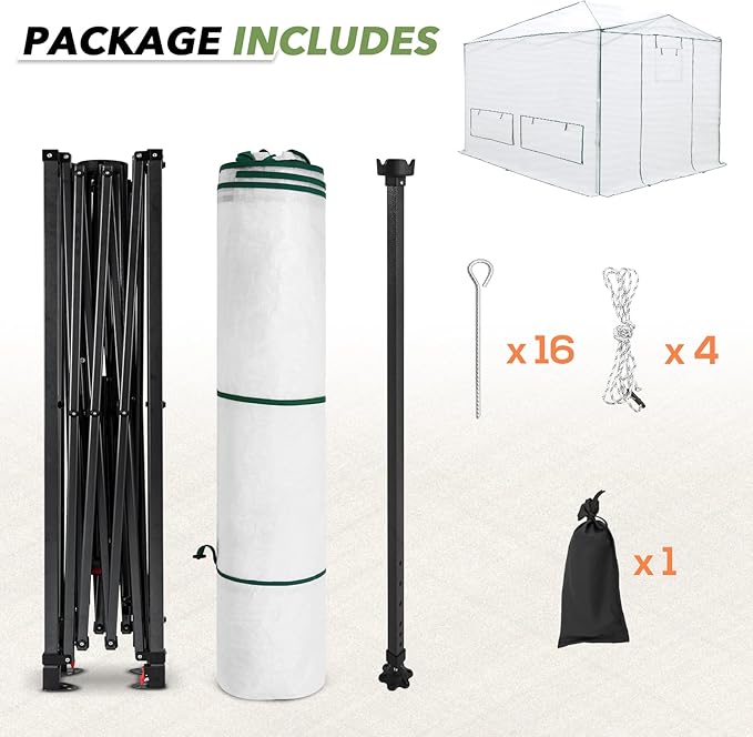 EAGLE PEAK 12x8 Portable Walk in Greenhouse, Pop Up Indoor Outdoor Greenhouse, Green House Kit with Zippered Roll-Up Doors, Windows + Support Pole, PE Cover, Clear/White