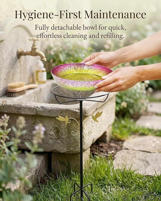 Bird Bath for Outside Standing Metal Birdbaths Birdfeeder 12" Detachable Bowl Iridescent Pink Yellow Bird Baths Feeder with Upgraded 5-Pronged Base for Garden Outdoor Lawn Patio Yard Decor 35" Tall