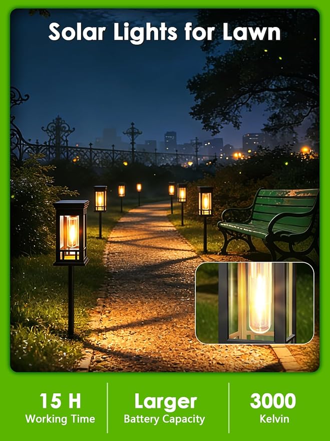 LORRYTE 10 Pack Solar Pathway Lights Outdoor Waterproof | High-performance Solar Panel, Work Lasts 12-15hrs With Auto On/Off. Warm White Retro Design. Ideal For Garden, Lawn, Walkway.