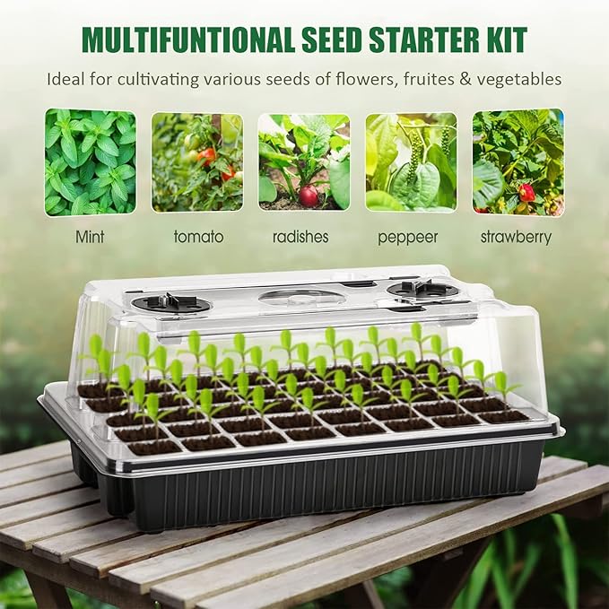 Seed Starter Tray Kit with Grow Lights, 1 Pack 40 Cells Seed Trays with Humidity Dome, Mini Greenhouse for Seeds Growing Starting Sprouting Germination