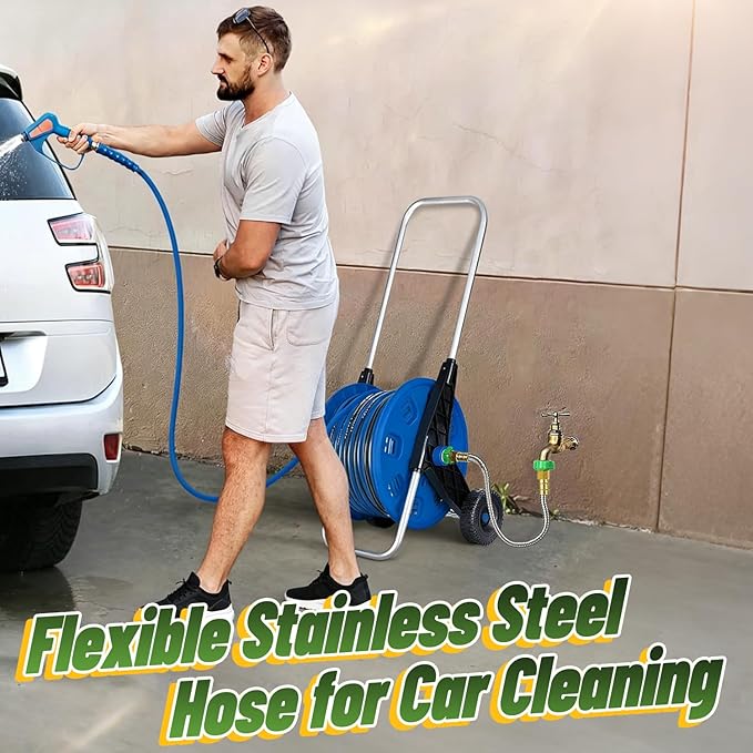 Short 2ft Garden Hose with 3/4'' Female to Female Connector - Metal Leakproof Leader Hose for Reel, Heavy Duty 304 Stainless Steel Flexible Water Pipe for Outdoor Garden Watering Car Pet Cleaning