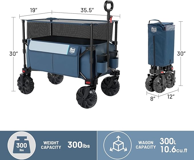 Timber Ridge Foldable Wagon 350L Extendable Height, Large Capasity Collapsible Wagon Cart with All Terrians Detachable Wheels, Compact Folding Utility Wagon for Camping, Fishing, Shopping Navy