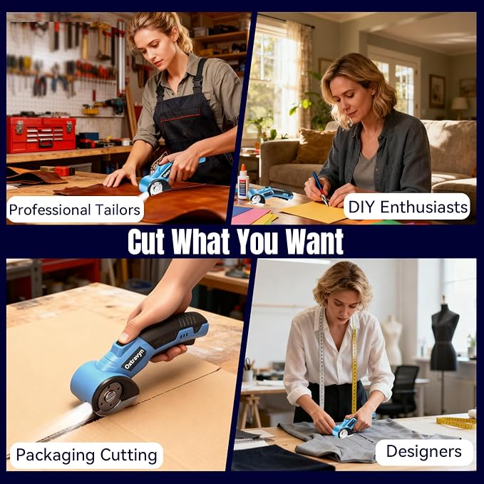 Electric Scissors, Box Cutter, Cardboard Cutter, Cordless Electric Scissors, 320RPM Rotary Cutter, 3000mAh Battery, LED Light, 2 Blades, Electric Box Cutter for Fabric Carpet Carton Plastic Leather