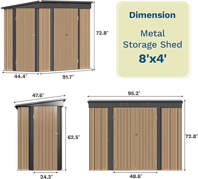 Patiowell 8x4 FT Outdoor Storage Shed, Metal Tool Sheds with 3 Doors, Brown