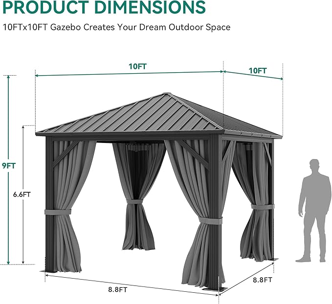 YITAHOME 10'X10' Metal Hardtop Gazebo Outdoor Patio Single Top Canopy Galvanized Iron Garden Tent Curtains Netting for Backyards Decks Lawns,Gray