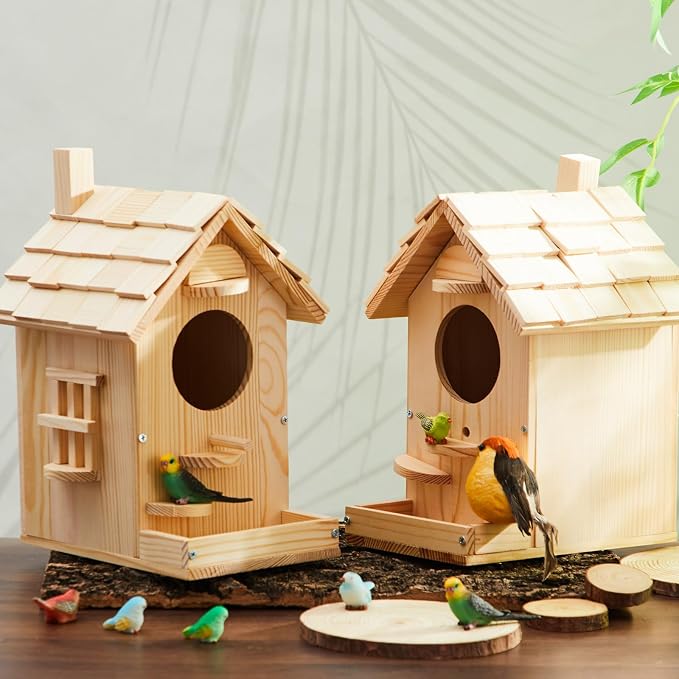 Liliful 4 Pack Wooden Bird House Kits, Build It Yourself Woodworking Kit for Adult Kids 4-8, 8-12 with Paint and Paintbrushes, Solid Weather Proof Natural Pine Wood, Pre Drilled (Modern Style)