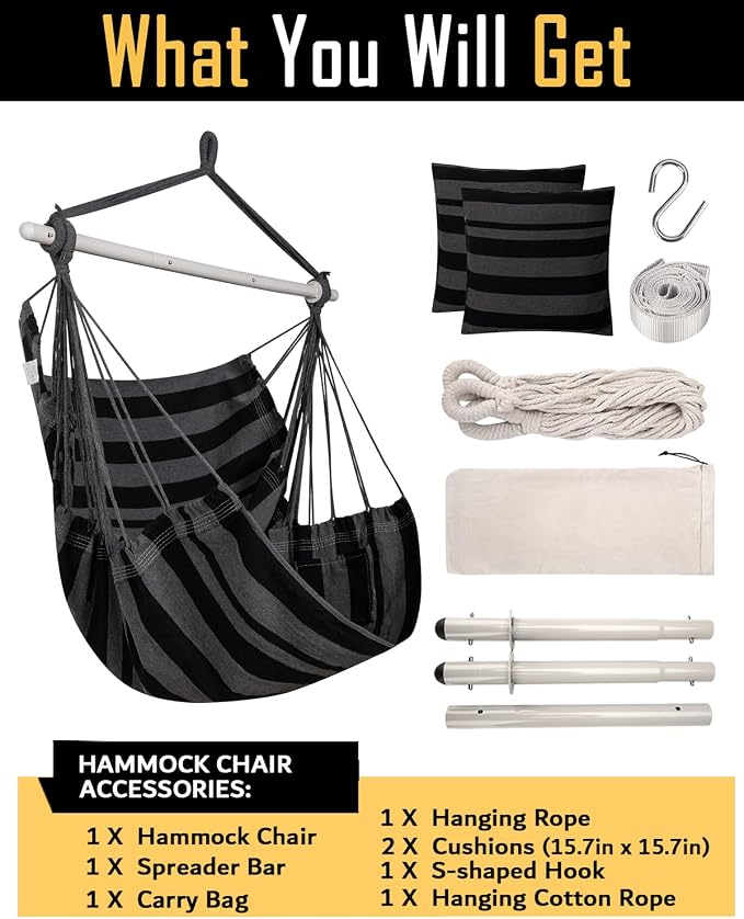 ADVOKAIR Hammock Chair Hanging Chair Swing Large Indoor with Anti-Slip Steel Spread Bar and Pocket-Max 500lbs-2 Cushions, Perfect for Bedroom,Outdoor,Patio, Porch,Backyard