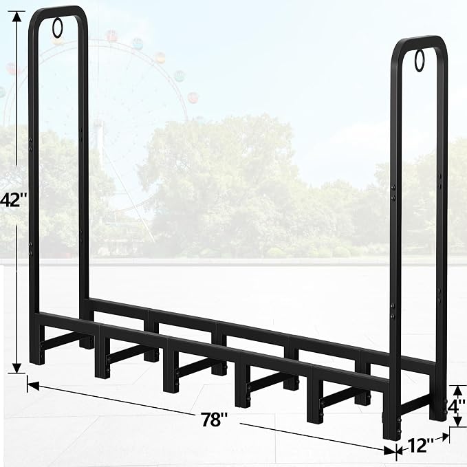Amagabeli 6ft Firewood Rack Outdoor Heavy Duty Fire Wood Rack Log Holder Organizer Stand for Fireplace Indoor Adjustable Metal Wood Pile Lumber Storage Organizer Stacker for Patio Porch Black