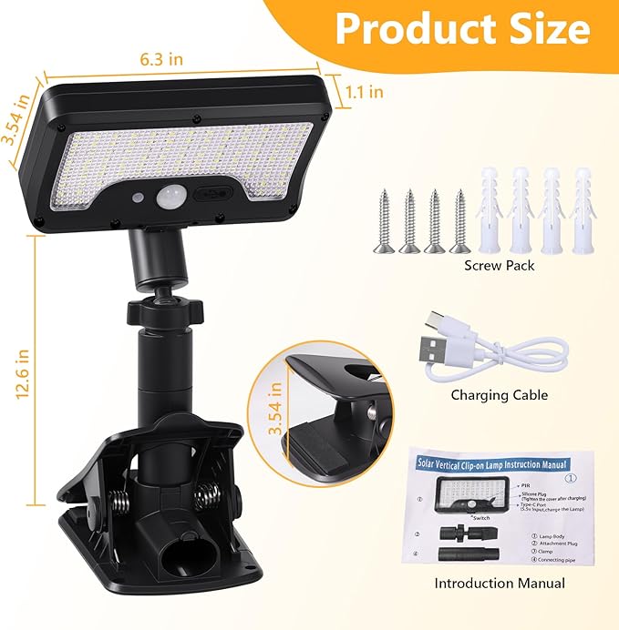 Clip On Solar Lights Outdoor with Motion Sensor, 360°Rotatable & Vertically Adjustable Solar Fence Lights with 92 LEDs (600 LM, 6000 K),IP65 waterproof Security light for deck, Gutter, Camping(2 Pack)