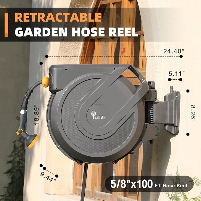 Retractable Garden Hose Reel 5/8 in x100 ft, Heavy Duty Wall Mounted Hose Reel with 10- Function Sprayer Nozzle, Any Length Lock/Automatic Slow Return System,180° Swivel Bracket
