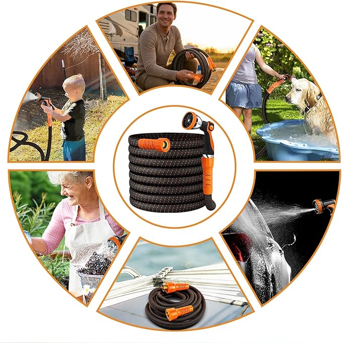 30FT Flexible Garden Hose & 10Modes Nozzle,Lightweight Water Hose,Kink-Free,All-Weather 3/4 in. Hose for RV,Boat,Car Wash,Garden,Yard,Camper,Outdoor None Expanding (Orange-Black, 30 Feet)