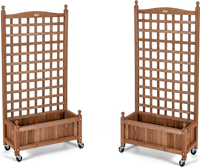 Giantex Set of 2 Mobile Plant Raised Bed, Wood Planter with Lattice Trellis and Wheels, Flower Box for Plant Climbing, Vertical Garden for Balcony Patio Yard, 25"x11"x 50"