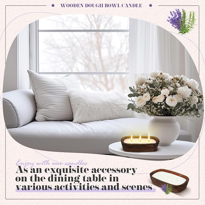 Threlaco 1 Pack 10 Inch Wood Dough Bowl Candles Home Rustic Dough Bowl Soy Candle 3 Wick Scented Candles Gifts for Men Women Farmhouse Table Centerpiece Home Decor for Christmas(Lavender)