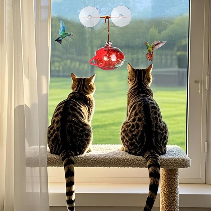 Window Hummingbird Feeder with Suction Cups,Hand-Blown Glass Hummingbird Feeders for Outdoors Window Mounted with Metal Hook,Close Bird Watching,Finch in Garden,Yard(Red)