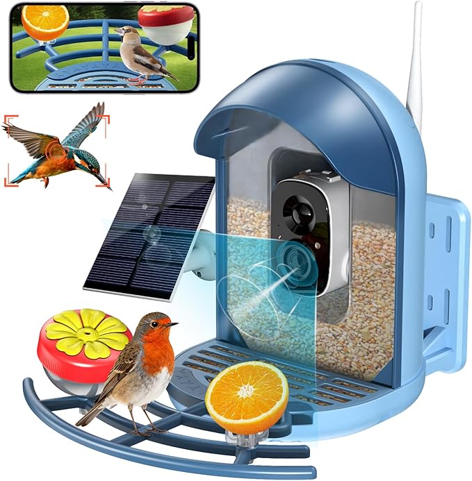 Smart Bird Feeder with 2K Camera, Solar Powered Wireless Birds House with APP Control, Night Vision, Motion Detection Alerts, IP66 Outdoor Birdfeeder for Backyard Garden Bird Watching,Blue